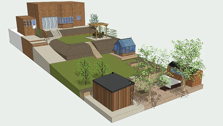 3D computer aided design of garden from a higher up aspect